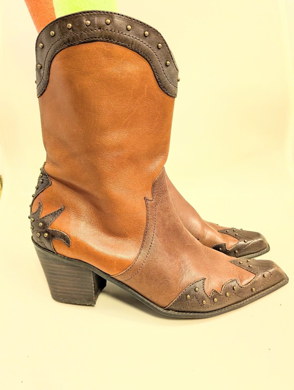 a.n.a Brown Western Ankle Boots - Studded Two-Tone Leather